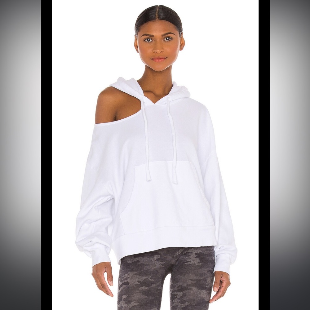 Revolve LNA Lion Hoodie Sweatshirt White Off the Shoulder Athleisure Summer Top